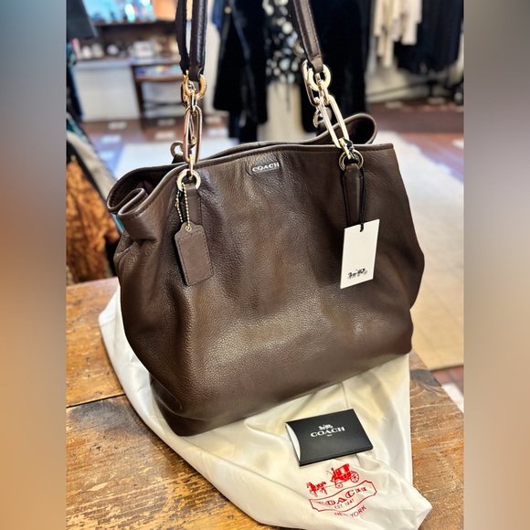 Coach Madison Leather Tote Chocolate Taupe Brown Purple Lining - Picture 2 of 9